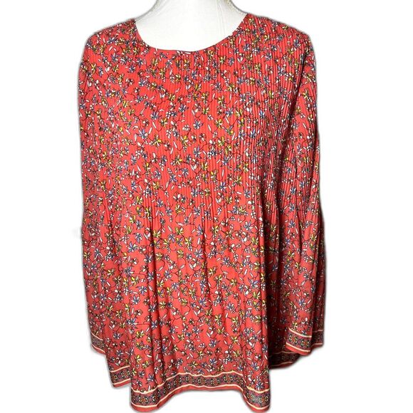 New Max Studio Red Ditsy Floral Flare Sleeve Pleated Boho Feminine Top 1X NWT - Picture 4 of 6